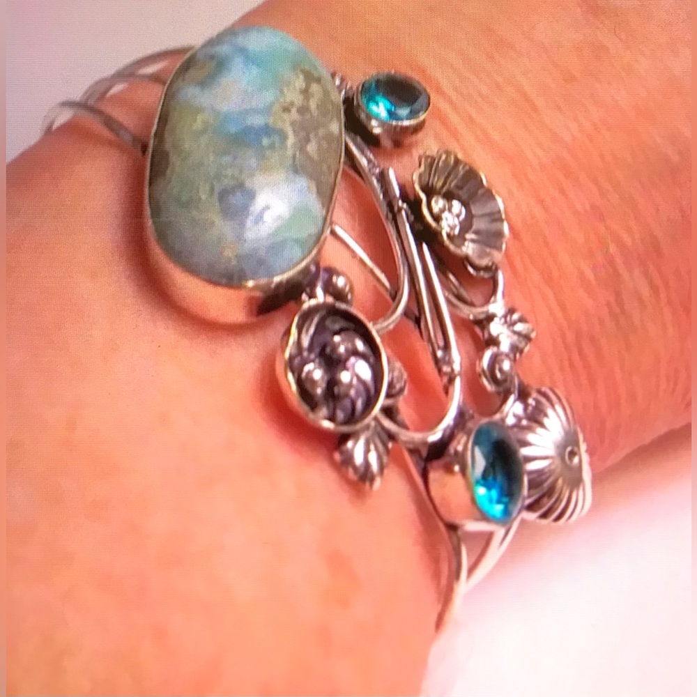 Larimar Blue Topaz Stamped 925 Sterling Silver Cuff Bracelet